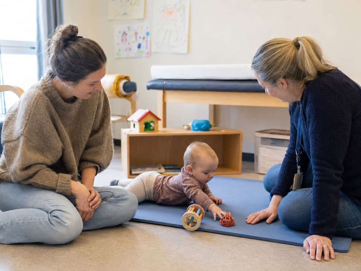 Helsesykepleier med en forelder og et lite barn på helsestasjonen
