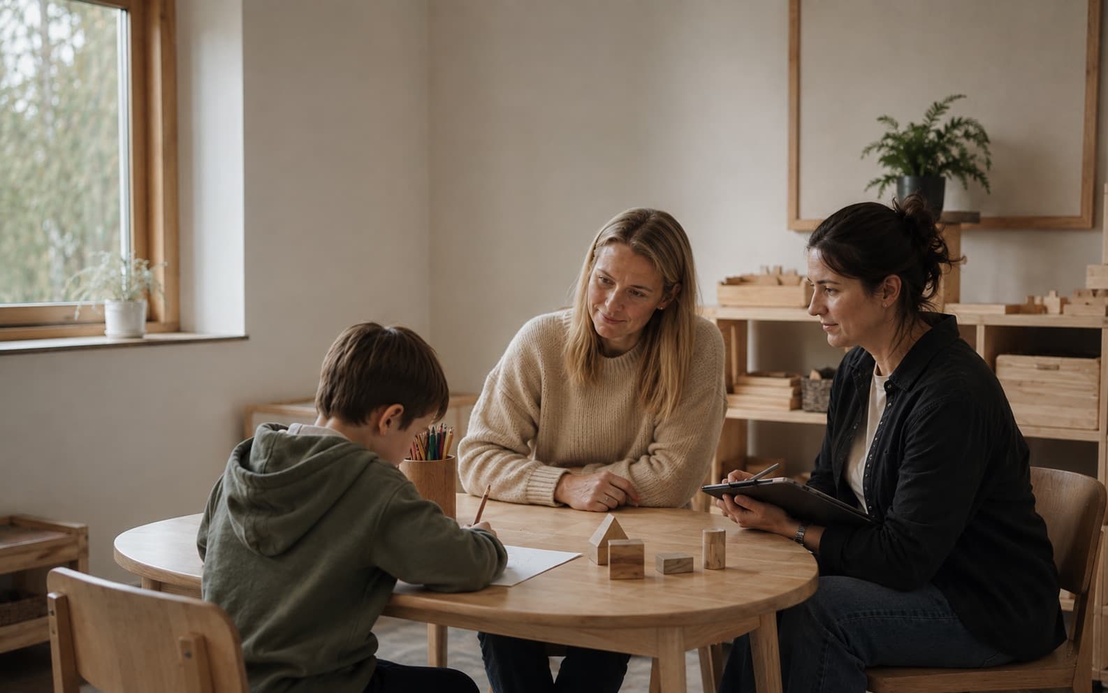 Barn som tegner ved bordet mens forelder og rådgiver noterer