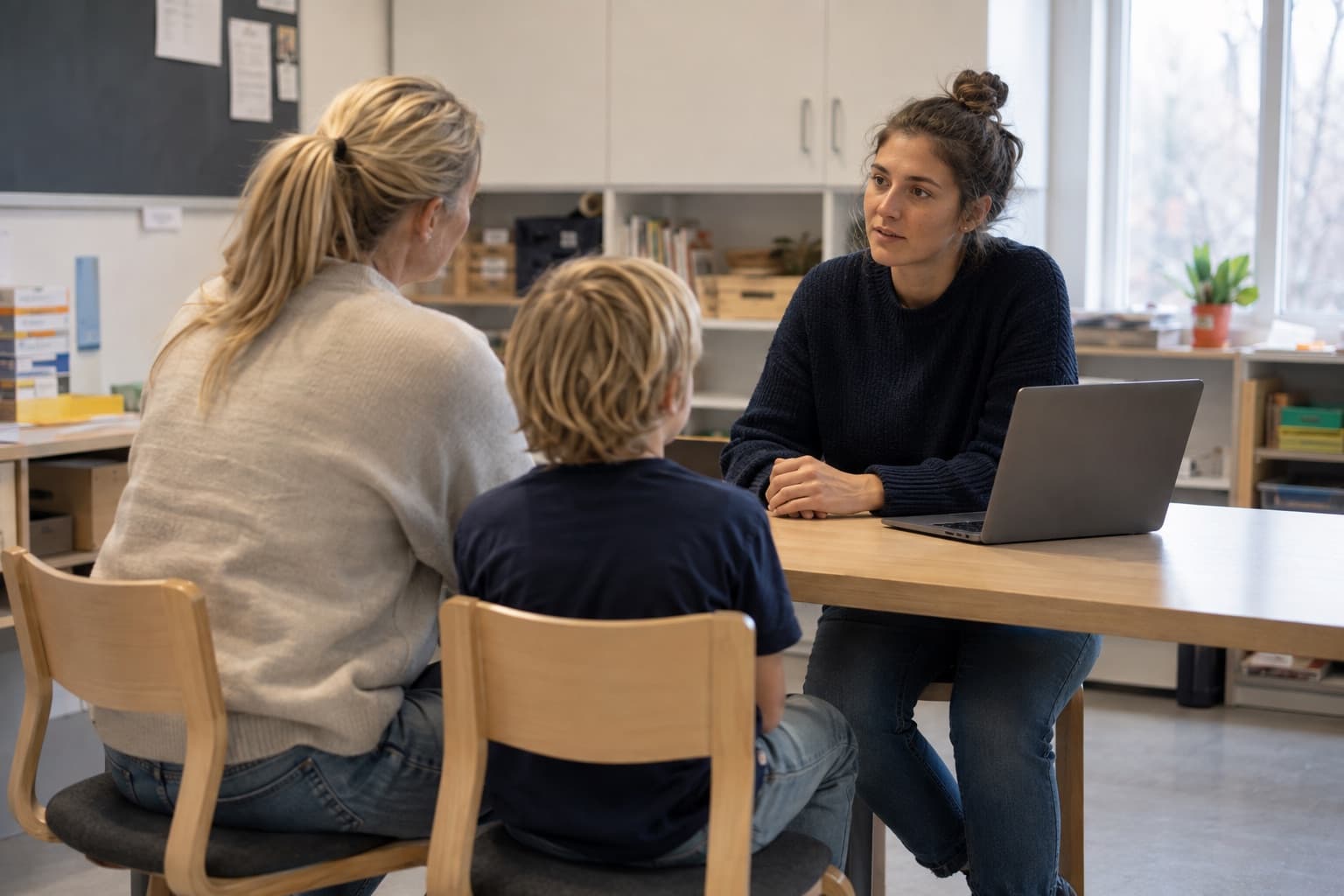 Lærer, forelder og elev rundt bordet i et klasserom