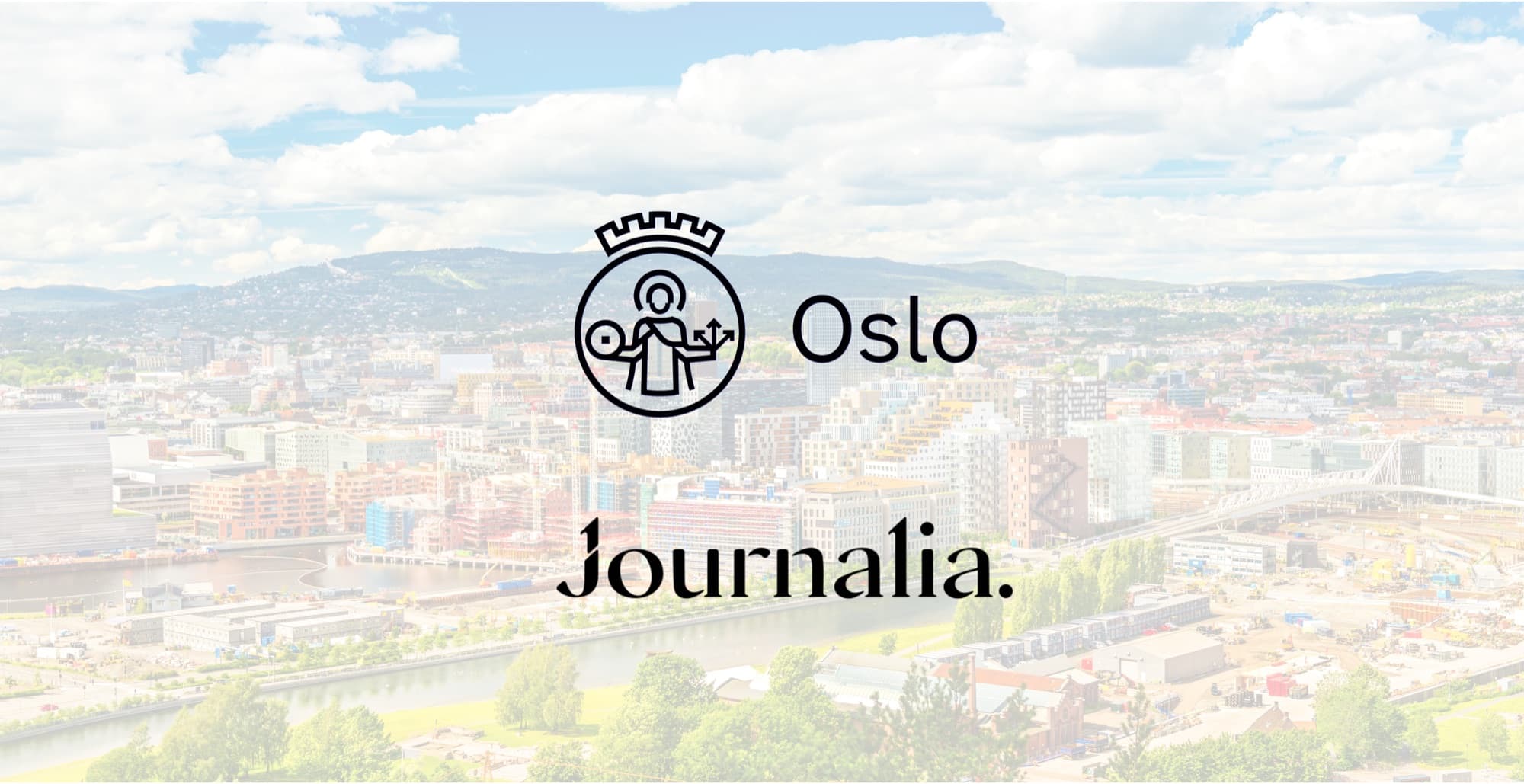 Oslo kommunes byvåpen og Journalia-logoen over Oslo sentrum